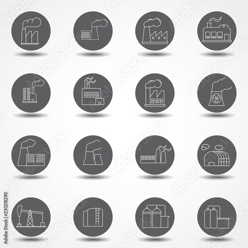 Simple Set of Factories Related Vector Line Icons. Contains such Icons as Truck Terminal, Power Station, Mine, Warehouse, Greenhouse and more. Thin line vector design for website