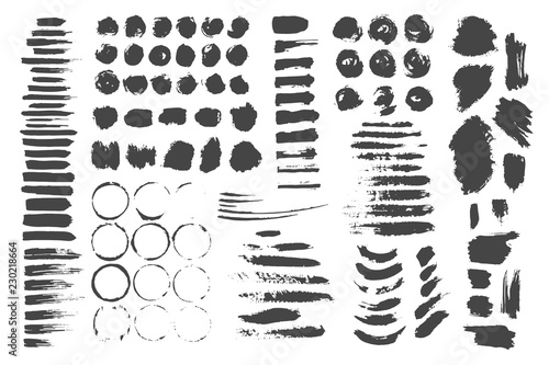 Set of elements and textures made with ink. Circles, stripes, wave, drop. Hand drawn. Collection for your design. Vector illustration.