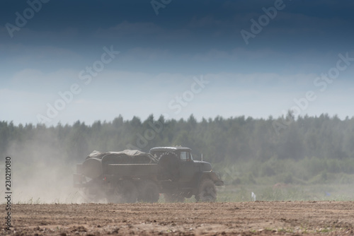 Military trucks in the field. Russian military training