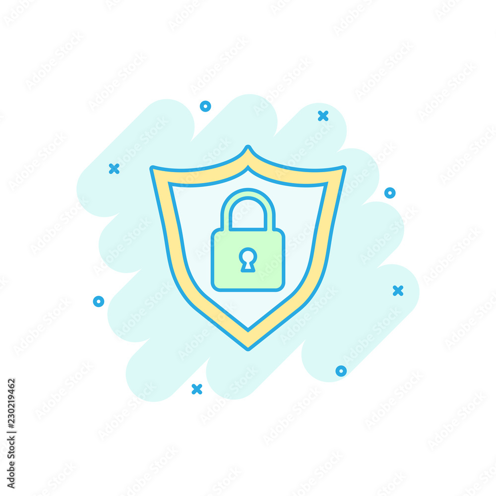 Vector cartoon lock with shield security icon in comic style. Protection illustration pictogram. Shield business splash effect concept. Vector cartoon lock with shield security icon in comic style. Protection illustration pictogram. Shield business splash effect concept.