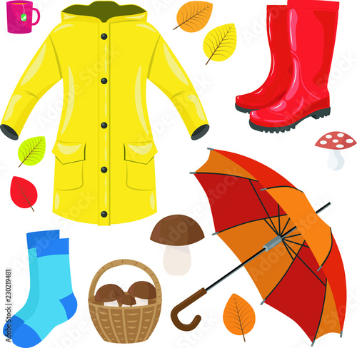 Autumn set: raincoat, umbrella, boots, socks, tea, mushrooms and colorful autumn leaves. Vector illustration.