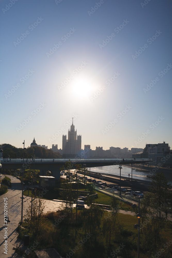Fototapeta premium view of Moscow from Zaryadye Park. Dawn over Moscow. 22 September 2018.