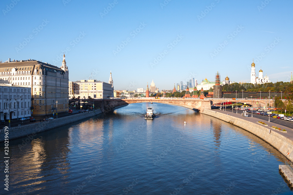 Russia. Moscow. September 21, 2018. View of the Moscow river from the Zaryadye Park bridge. At dawn.