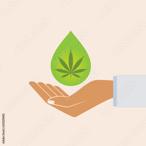 Hand holding oil drop with a marijuana leaf. Medical Cannabis oil. CBD oil cannabis extract. Natural Hemp oil. Icon product label and logo graphic template. Isolated vector illustration.
