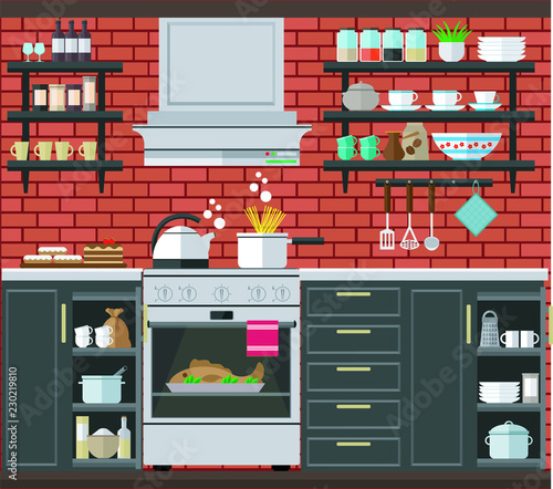 Cozy kitchen with gas stove, hood and kitchen furniture on the background of a red brick wall. Vector illustration.