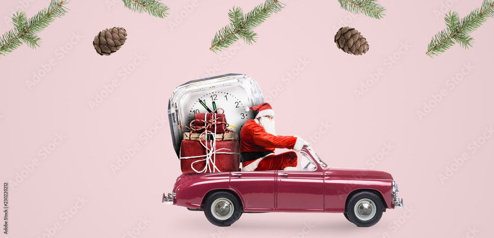 Christmas countdown arriving. Santa Claus on car delivering New Year gifts and clock at pink background