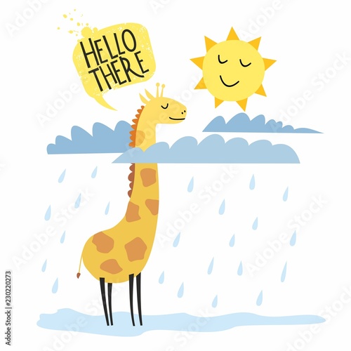 Card print with cute giraffe in the clouds with sun