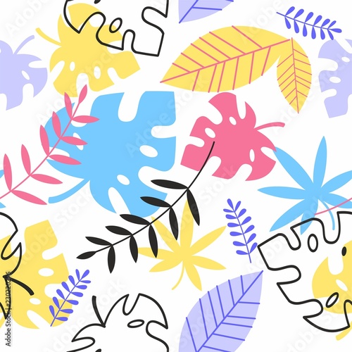 Seamless pattern with colorful tropical leaves