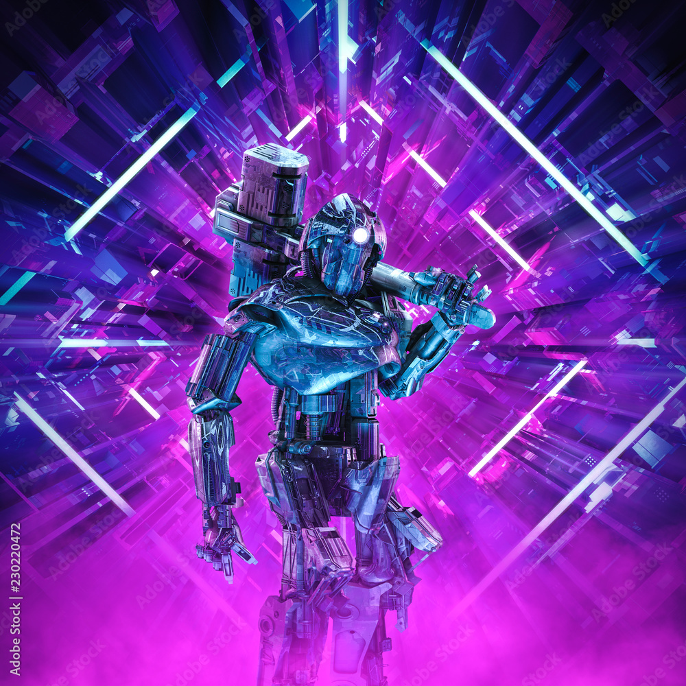 Return of the quantum warrior / 3D illustration of science fiction scene  showing dark heavily armoured robot with battle hammer inside neon lit  kaleidoscopic space ship corridor ilustración de Stock | Adobe Stock