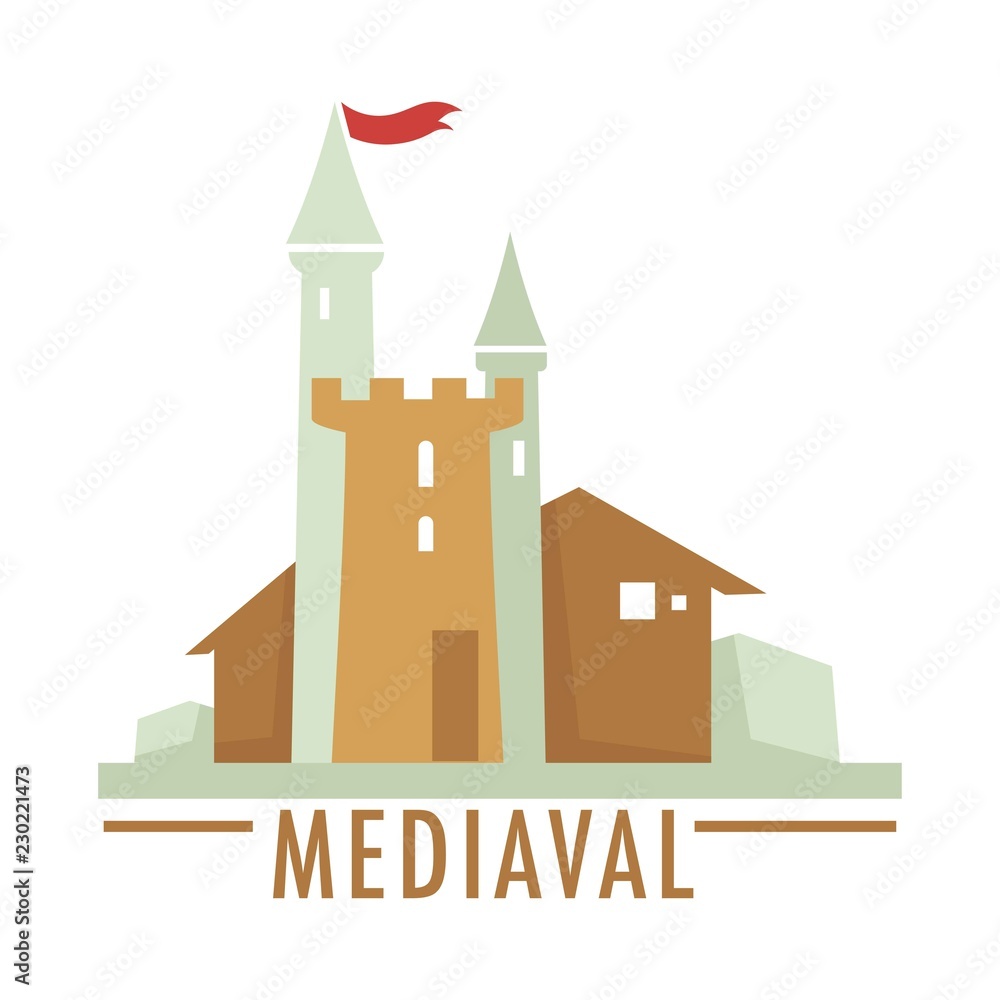 Medieval castle with flag ribbon top, architecture of old times Medieval castle with flag ribbon top, architecture of old times