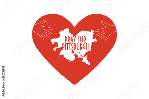 Pray for Pittsburgh Squirrel Hill Vector Illustration. Donate, relief or help victims icon. Heart, map and text: Pray for Pittsburgh. Support for volunteer charity work after synagogue mass shooting