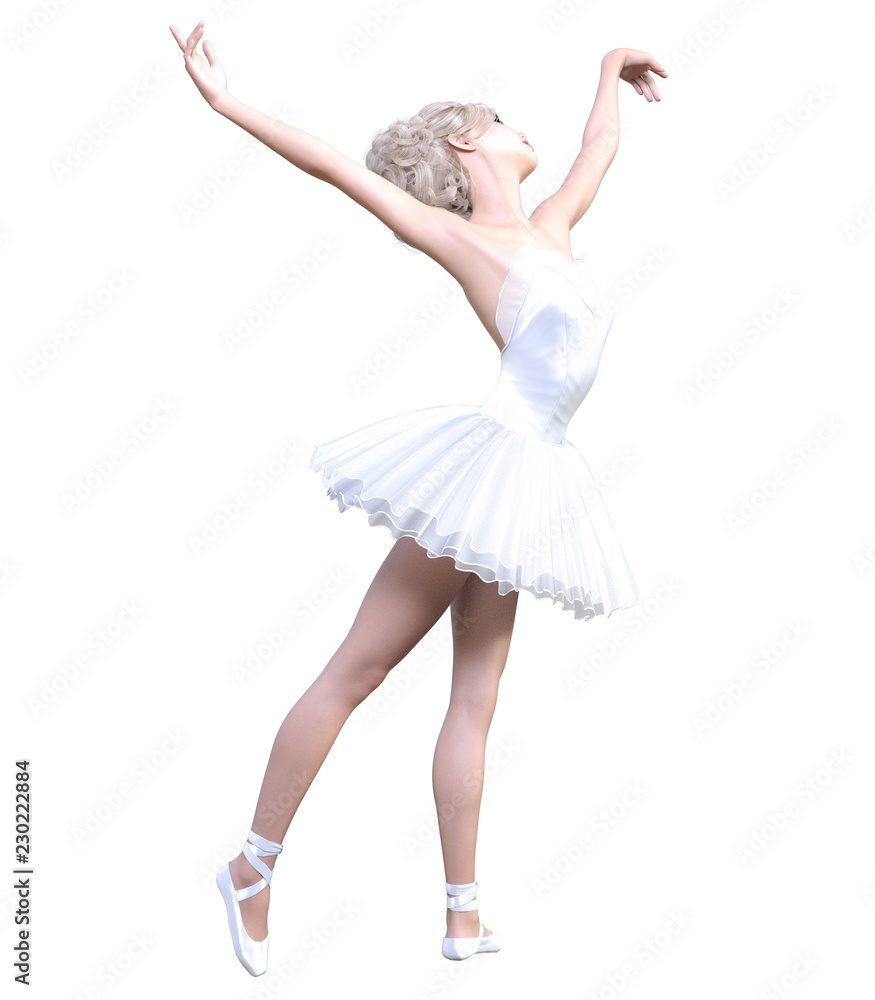 Naklejka premium Dancing ballerina 3D. White ballet tutu. Blonde girl with blue eyes. Ballet dancer. Studio photography. High key. Conceptual fashion art. Render realistic illustration. White background.