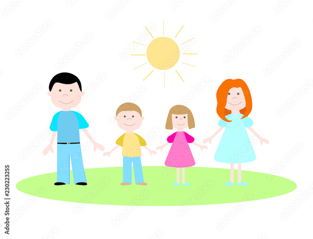 Happy family with two children. Dad, mom, little boy and girl. Vector illustration.