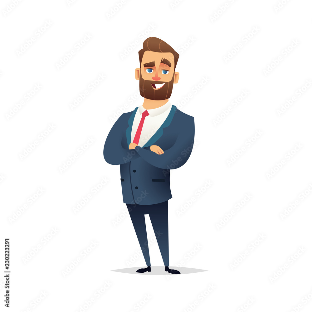 Charming bearded business man character cartoon modern flat design.