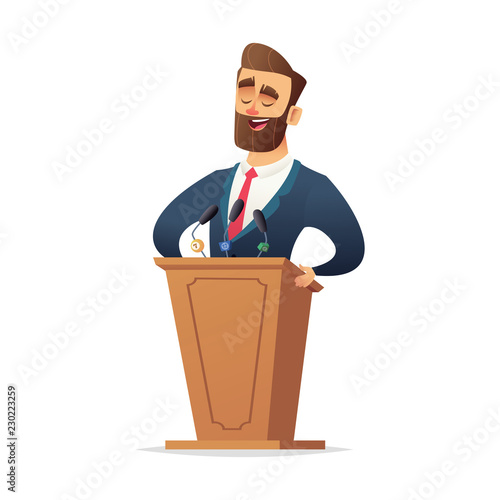 Bearded charismatic male speaker stands behind the podium and speaks. Cartoon flat character designe.