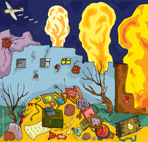 Vector image of a destroyed house after an air bomb attack