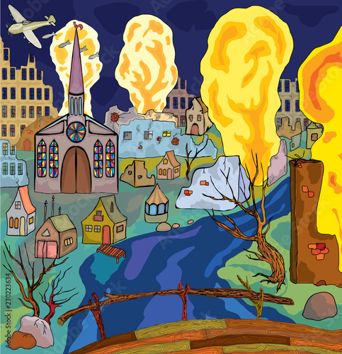 Vector image of a town after a bombing attack