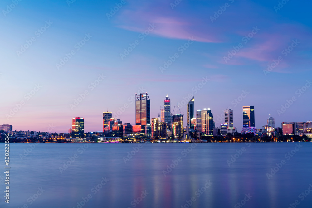 The Perth City skyline during a beautiful sunset. Perth, Western Australia, Australia. 