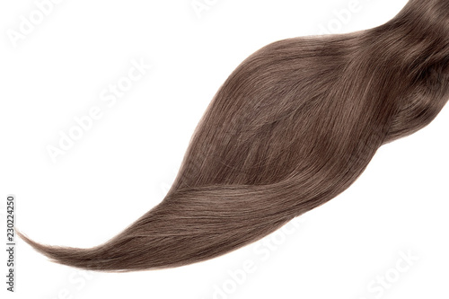 Brown hair, isolated on white background. Long beautiful ponytail