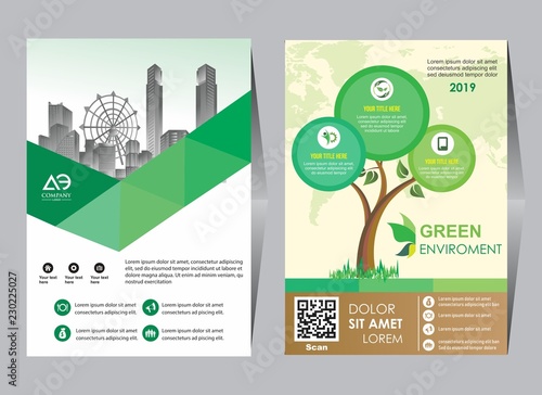 co brochure design vector template. Corporate poster with green leaves