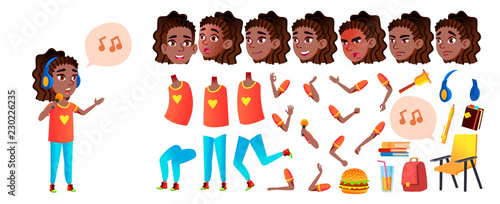 Girl Schoolgirl Kid Vector. High School Child. Animation Creation Set. Face Emotions, Gestures. Black. Afro American. Active, Joy, Leisure. Flyer, Brochure Design. Animated. Illustration