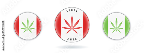 Set of Cannabis on Canada flag in circle icon. Marijuana Legalization. Vector stock sign Legalize Canabis.