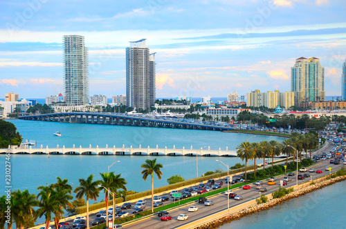 Miami panorama with car traffic. Aerial view Miami cityscape. Miami skyline. Miami city scape in day time, Florida USA
