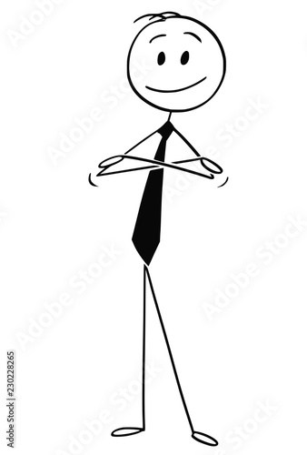 Cartoon stick drawing conceptual illustration of confident smiling man or businessman standing with arms crossed.