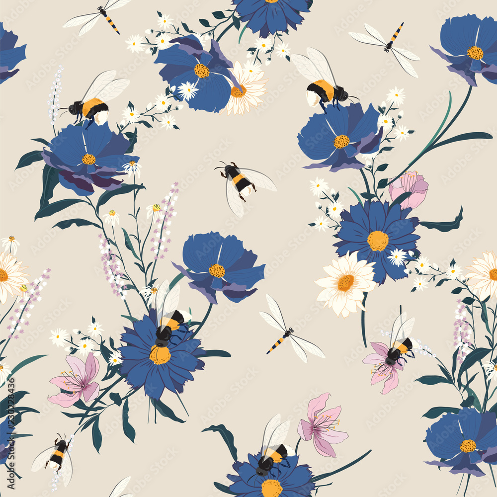 Blooming flowers seamless pattern. Blue on grey background.