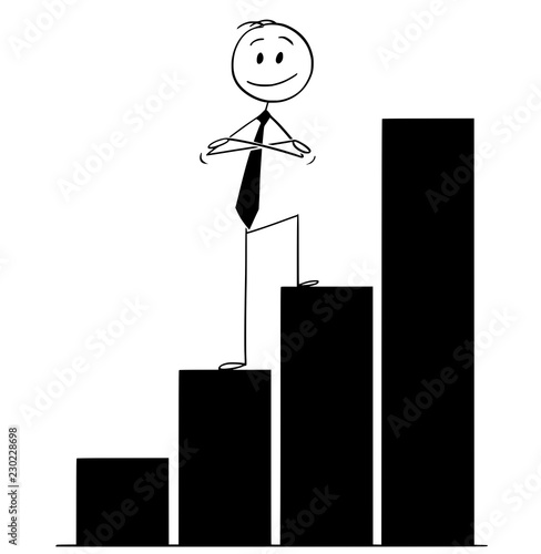 Cartoon stick drawing conceptual illustration of confident smiling man or businessman standing on growing graph or chart with arms crossed.