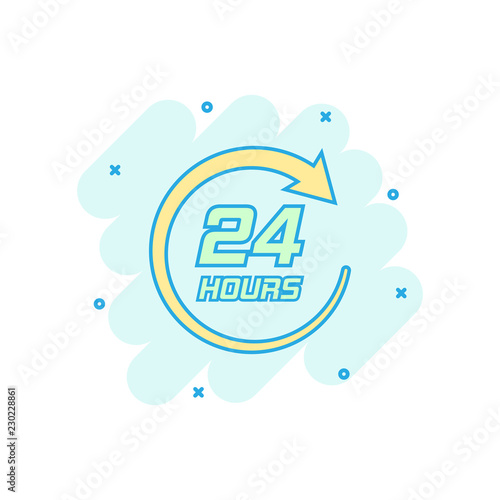 Vector cartoon twenty four hour clock icon in comic style. 24/7 service time concept illustration pictogram. Around the clock business splash effect concept.