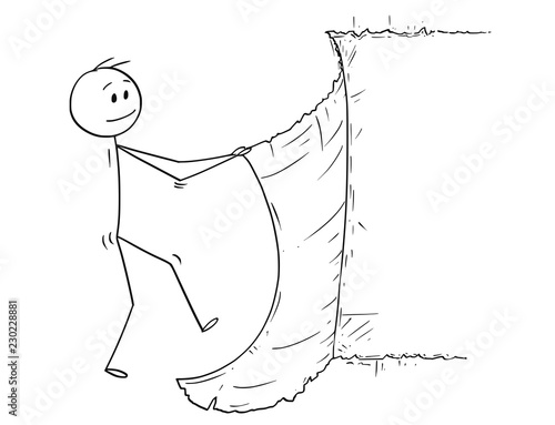 Cartoon stick drawing conceptual illustration of man or businessman tearing off piece of the background showing something behind.
