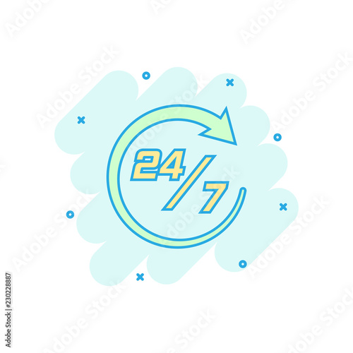 Vector cartoon twenty four hour clock icon in comic style. 24/7 service time concept illustration pictogram. Around the clock business splash effect concept.