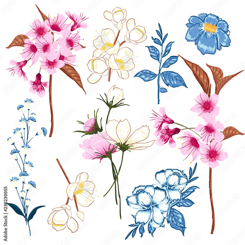 Set of vector beautiful artistic bright florals blooming. Colorful original stylish floral background print. Set of vector beautiful artistic bright florals blooming. Colorful original stylish floral background print.