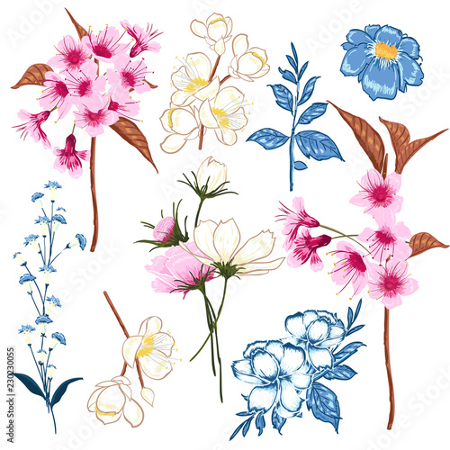 Set of  vector  beautiful artistic bright florals blooming. Colorful original stylish floral background print.