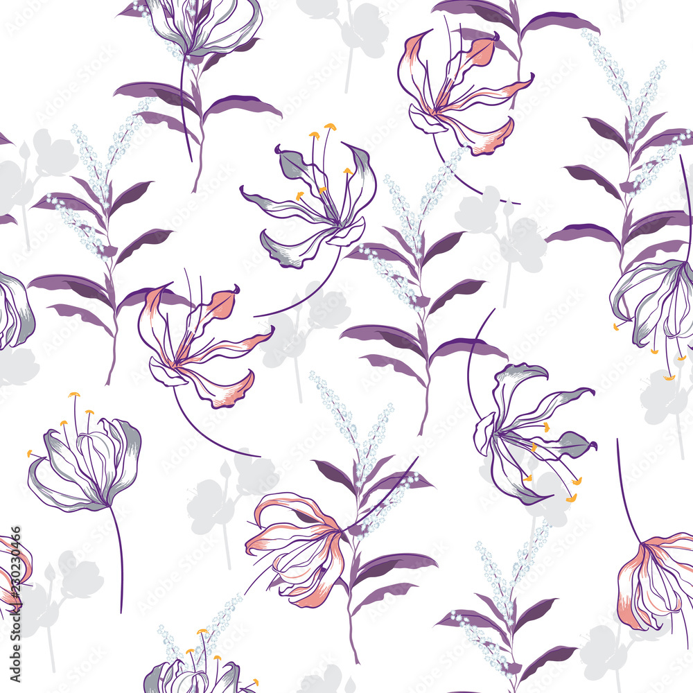 Trendy Floral pattern in the many kind of flowers. Blooming botanical Motifs scattered random. Seamless vector texture for fashion prints. Trendy Floral pattern in the many kind of flowers. Blooming botanical Motifs scattered random. Seamless vector texture for fashion prints.