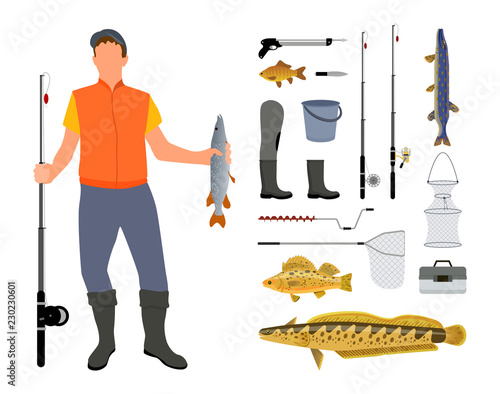 Angler and Fishing Tool and Clothing Illustration