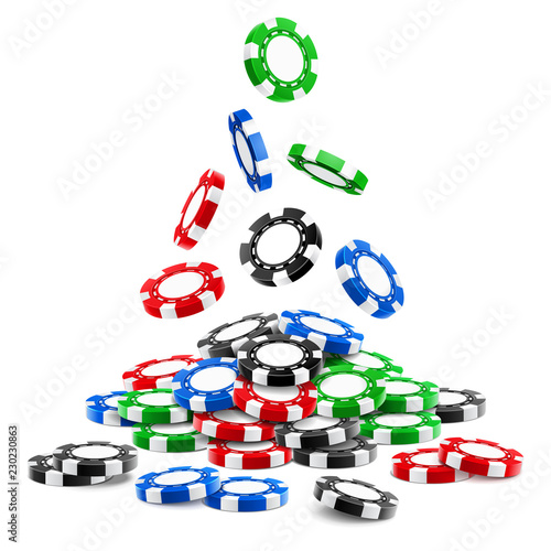 Pile of 3d gambling tokens or heap of falling realistic casino chips, volumetric roulette and blackjack, sport poker money or cash. Gamble and success, winner and luck, entertainment theme