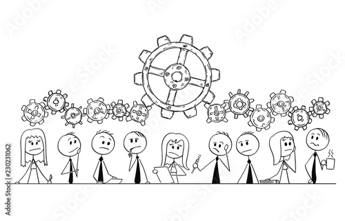 Cartoon stick drawing conceptual illustration of group of nine business people, businessmen and businesswomen thinking about problem during team meeting or brainstorming. Cogwheels above them as