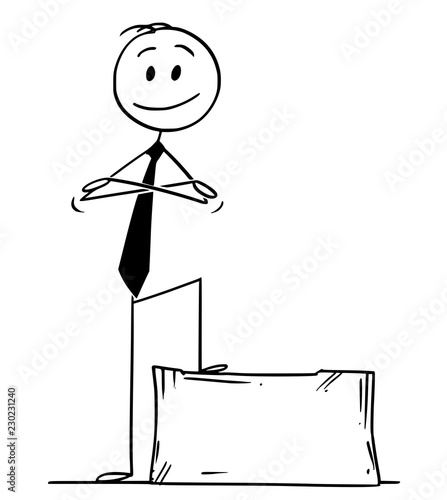 Cartoon stick drawing conceptual illustration of confident smiling man or businessman standing on stone block ashlar with arms crossed.