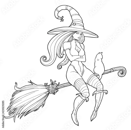Sexy witch flying on a broomstick