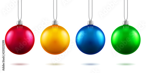 Set of isolated realistic fir tree toys hanging on rope. Baubles for 2019 new year and christmas decoration, 3d spheres with shadows for winter holidays or festive. Greeting card and tree ornament