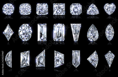 Twenty one fancy cut diamond shapes isolated on black background. 3D illustration