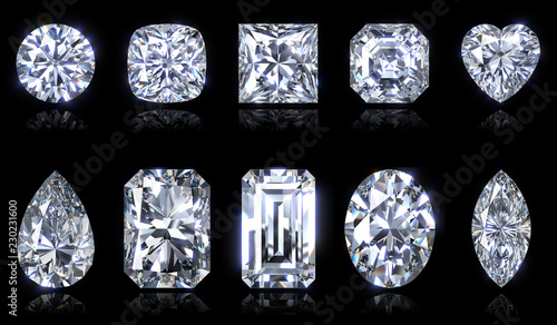 Ten the most popular diamond shapes isolated on black background. 3D illustration