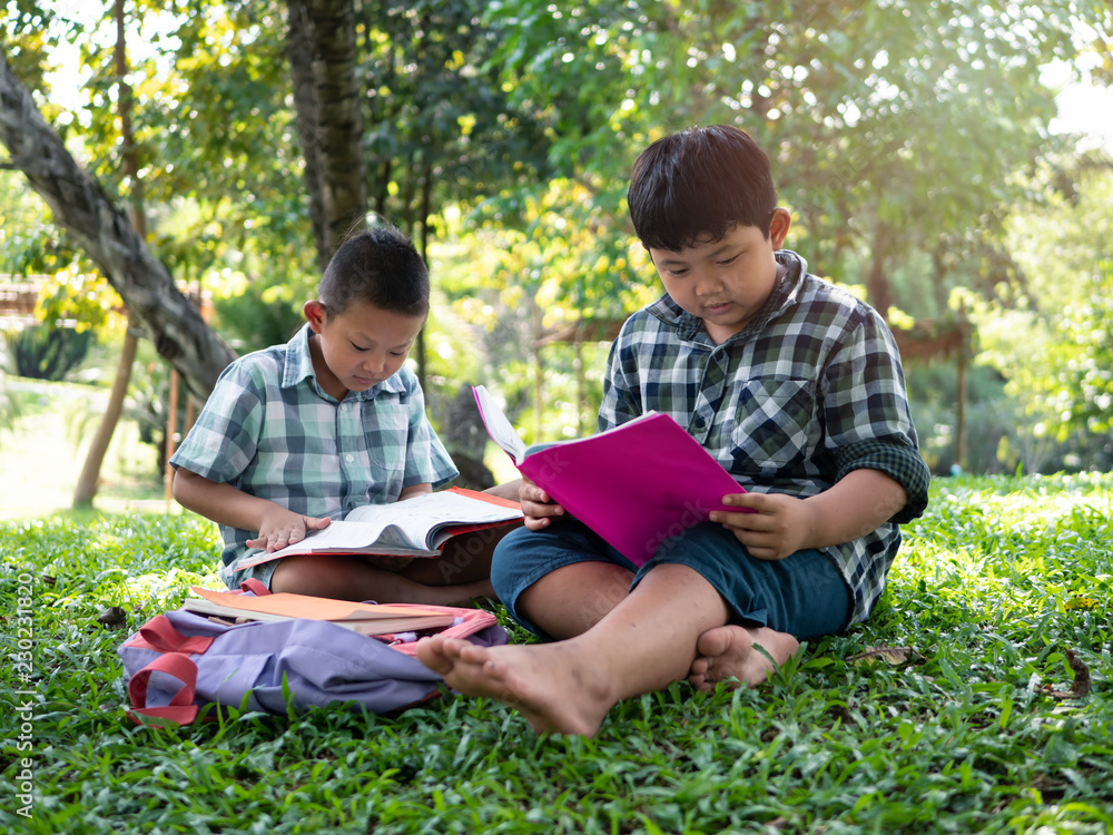 Cute two asian student boy reading book in the nature park with sunlight background, people, learning, relax, education and Natural classroom concept.. Cute two asian student boy reading book in the nature park with sunlight background, people, learning, relax, education and Natural classroom concept..