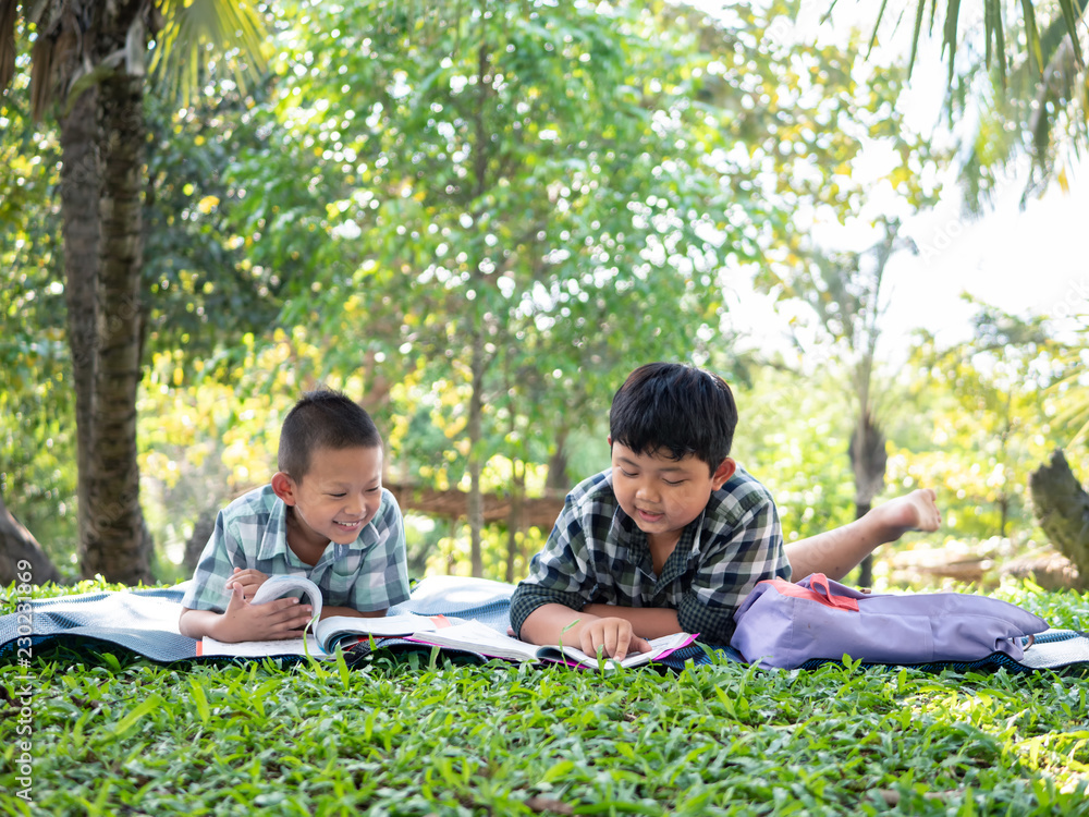 Cute two asian student boy reading book in the nature park with sunlight background, people, learning, relax, education and Natural classroom concept.. Cute two asian student boy reading book in the nature park with sunlight background, people, learning, relax, education and Natural classroom concept..