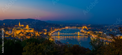 Aerial view of Budapest  Hungary by evening. Buda castle  Chain bridge and Parliament building