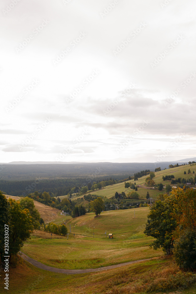 Poland. September 22, 2018. View of hills and forests. Ski resort. Cloudy weather. The surrounding area Zieleniec