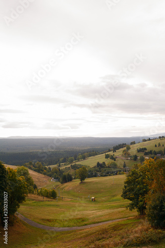 Poland. September 22, 2018. View of hills and forests. Ski resort. Cloudy weather. The surrounding area Zieleniec