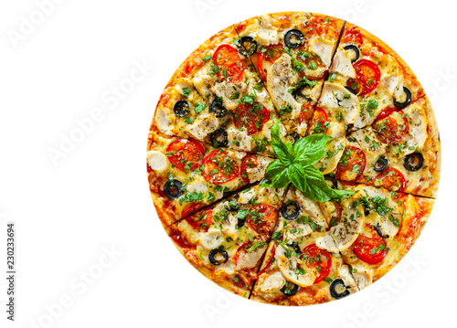 Pizza with Chicken meat, Mozzarella cheese, tomato, olive. Italian pizza isolated on white background. with copy space. top view photo